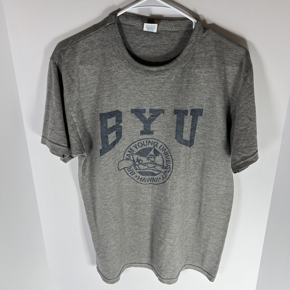 Vintage 1990s BYU-Hawaii Cotton T-shirt Men's Medium Gray Graphic Logo GUC